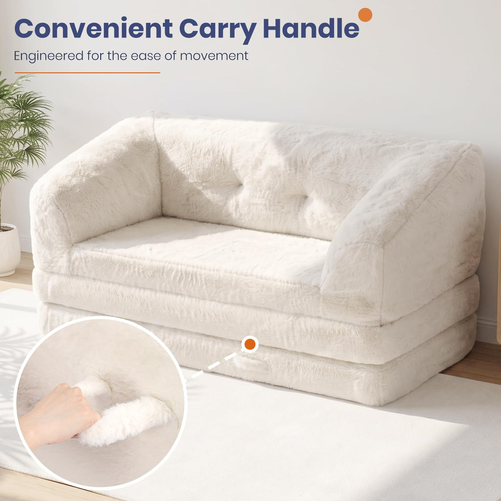 Convertible Folding Sofa Bed, 2 in 1 Portable Floor Couch & Foam Mattress with Handle, Space-Saving Faux Fur Futon Chair for Living Room, Bedroom, Guest Room (Loveseat, Beige) E633632