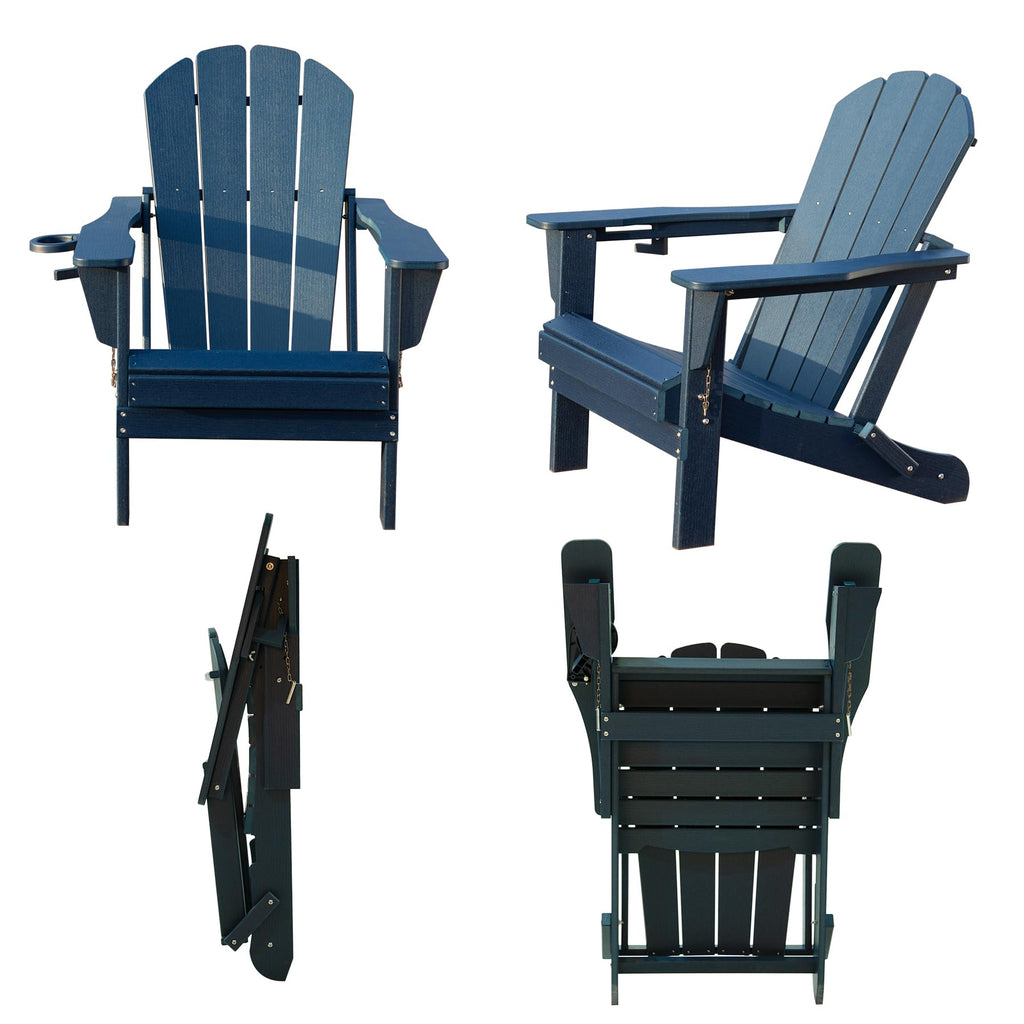 Folding Adirondack Chairs Set of 2 HDPE with Cup Holder Dark Blue X14523