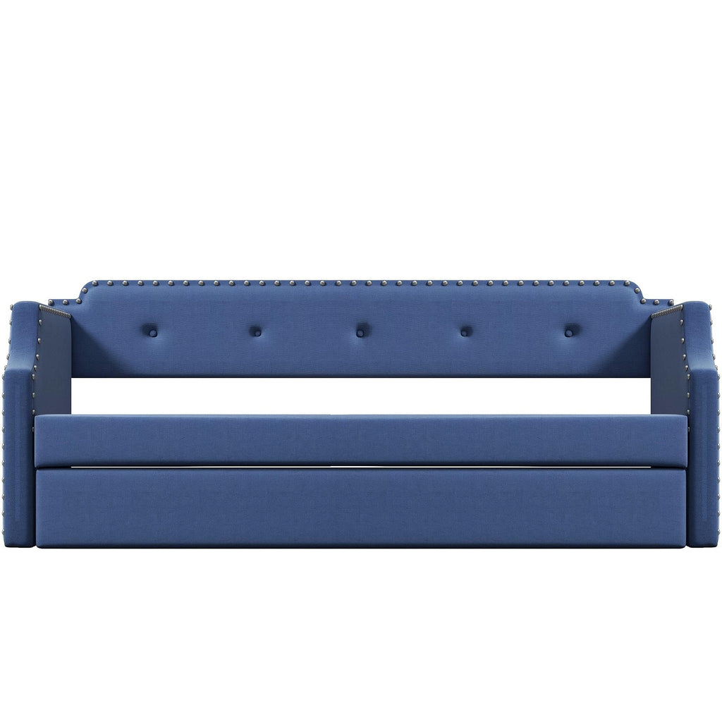 Blue Linen Fabric Upholstered Twin Daybed with Trundle Y721430