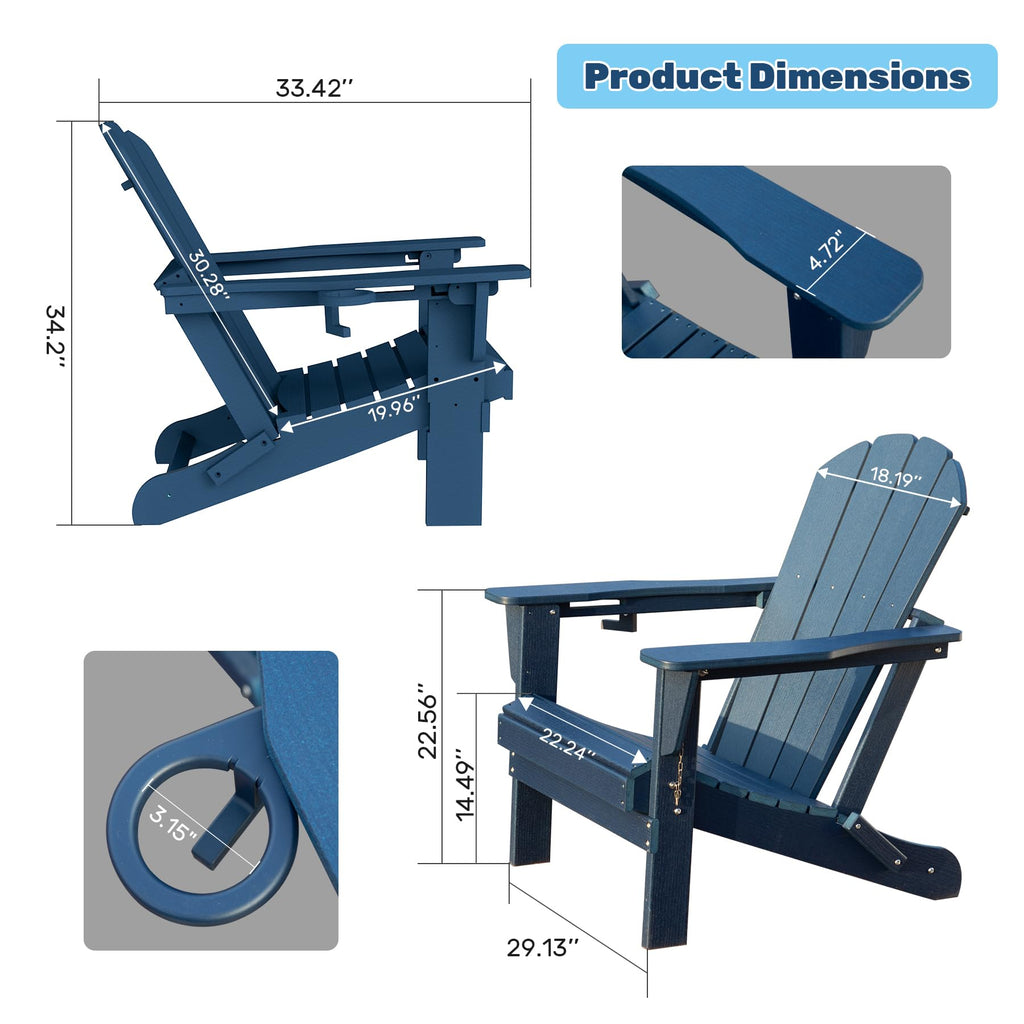 Folding Adirondack Chairs Set of 2 HDPE with Cup Holder Dark Blue X14523