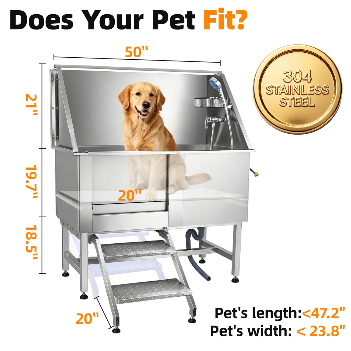 304 Stainless Steel Dog Washing Station with Stairs and 2 Drawers J74664