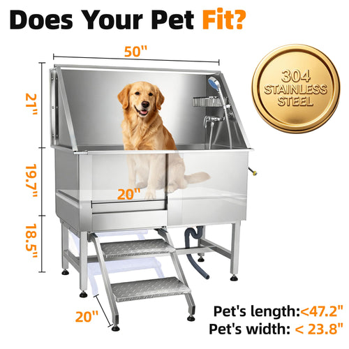 304 Stainless Steel Dog Washing Station with Stairs and 2 Drawers J74664