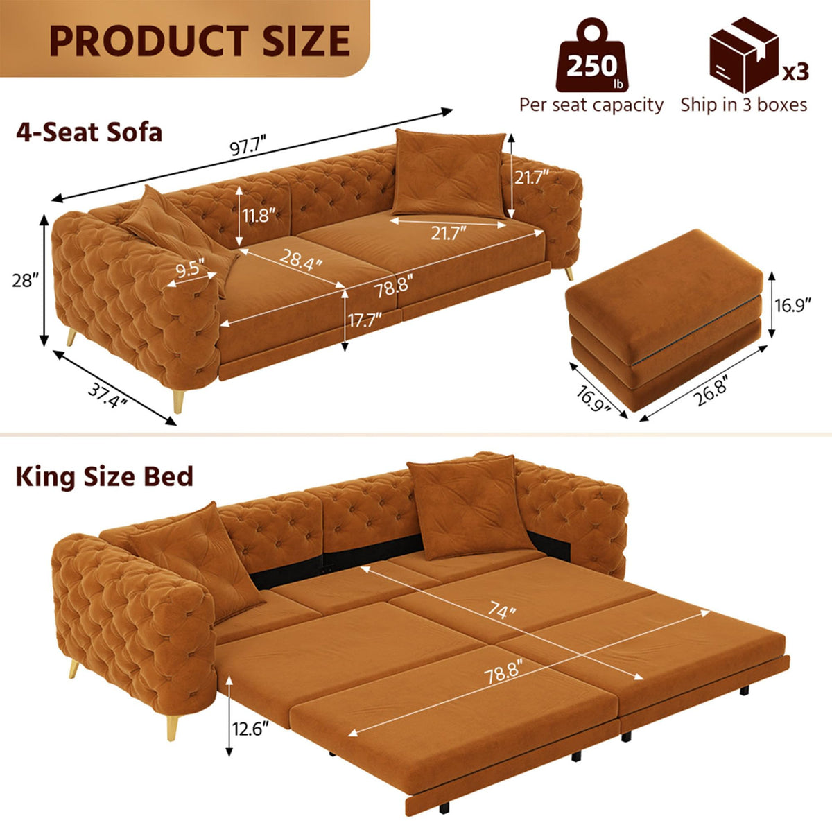 Velvet Convertible Sofa Bed with Ottomans L701