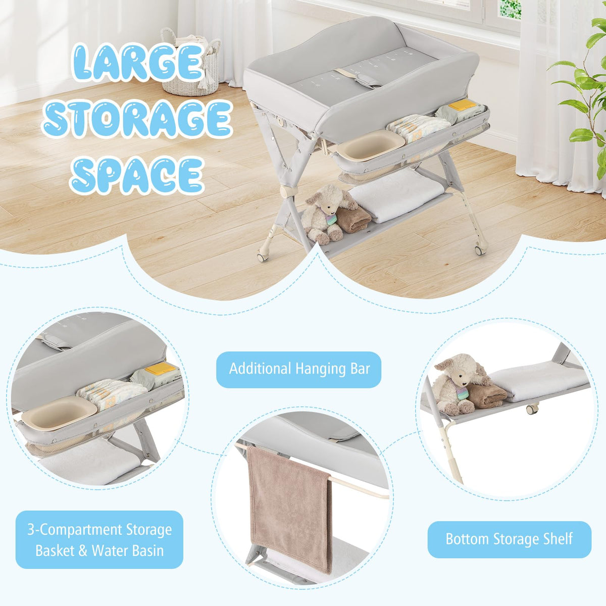 Portable Foldable Baby Changing Table with Wheels X177
