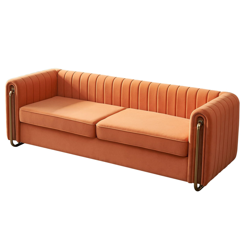 Velvet Sofa Couch, 3-Seater with Channel-Tufted Seats and Gold Steel Legs, Orange L272