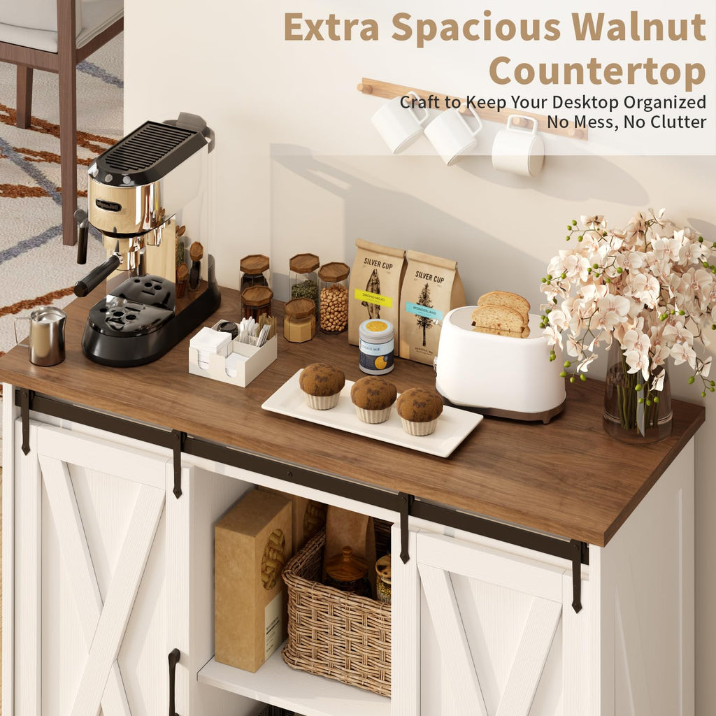 Rustic White Coffee Bar Cabinet with Sliding Barn Doors X8774