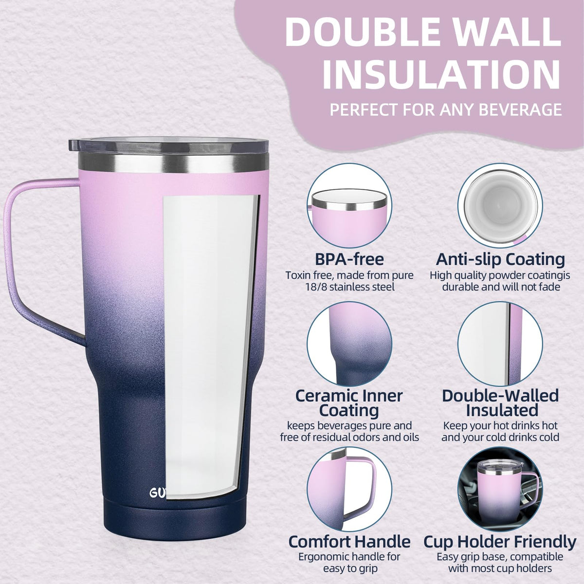 20 oz Insulated Stainless Steel Travel Mug with Handle Lid and Straw U8511
