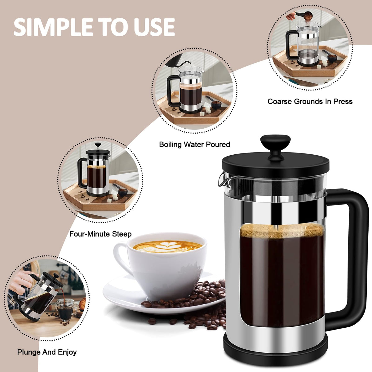 French Press Coffee Maker 12 Oz Borosilicate Glass I4813