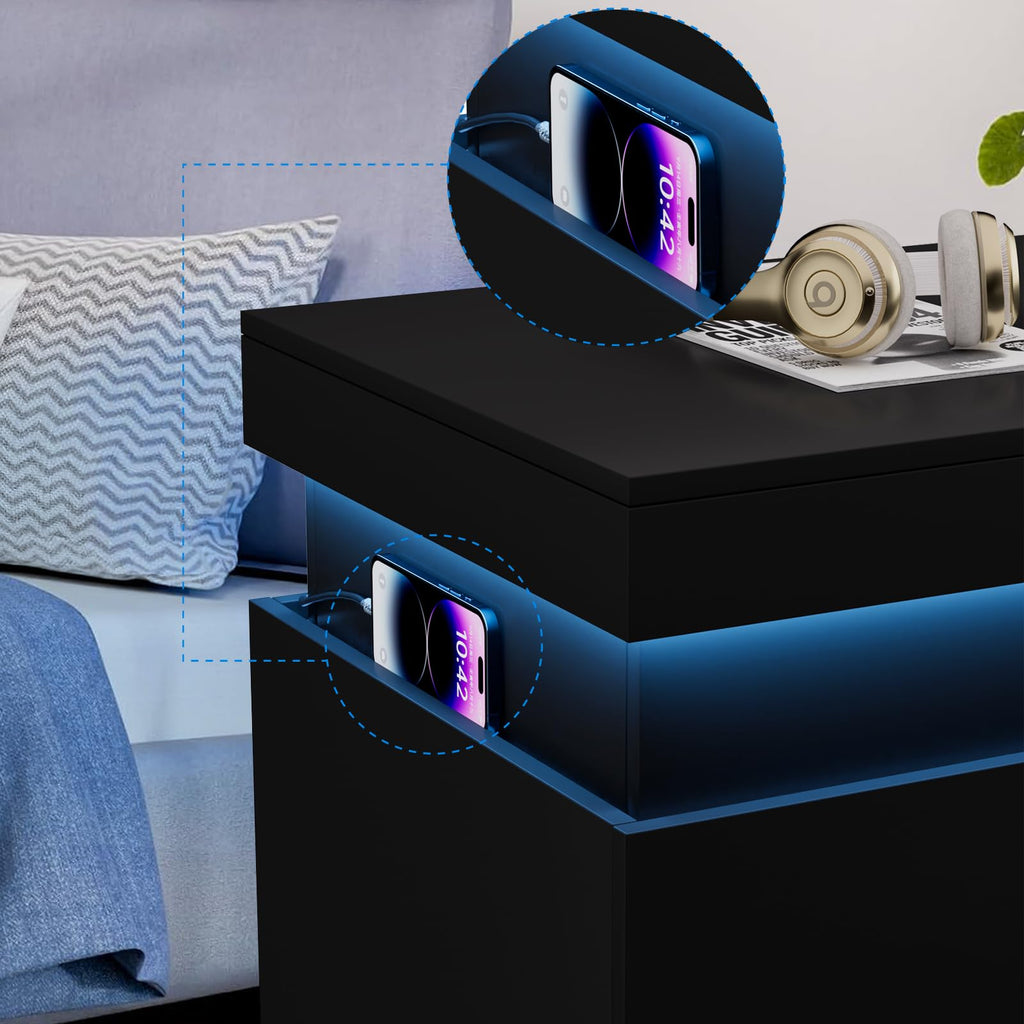 Black Nightstand with Charging Station and LED Lights L305383