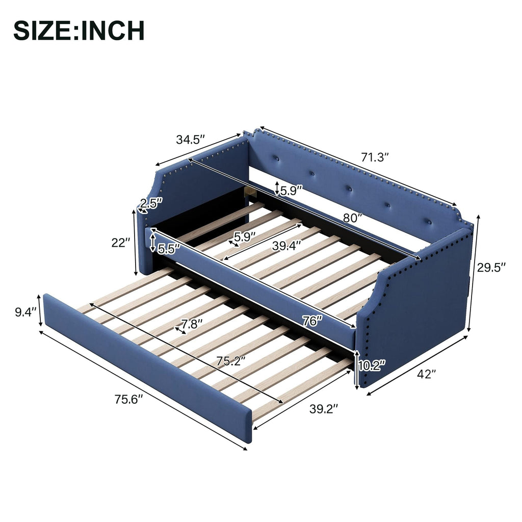 Blue Linen Fabric Upholstered Twin Daybed with Trundle Y721430