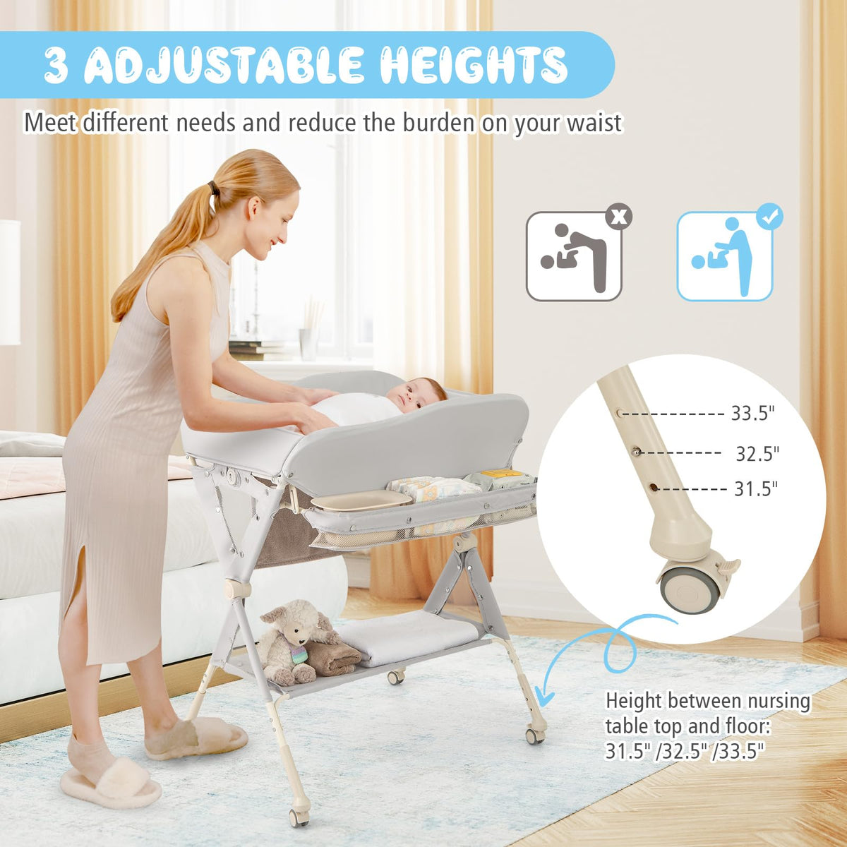 Portable Foldable Baby Changing Table with Wheels X177