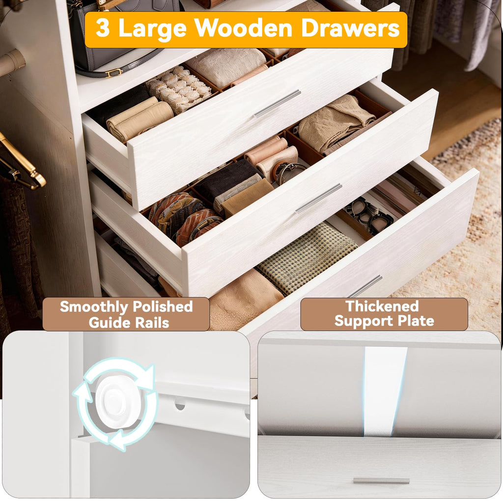 Wooden 11FT Closet Organizer with 3 Drawers and 4 Hanging Rods White O815401