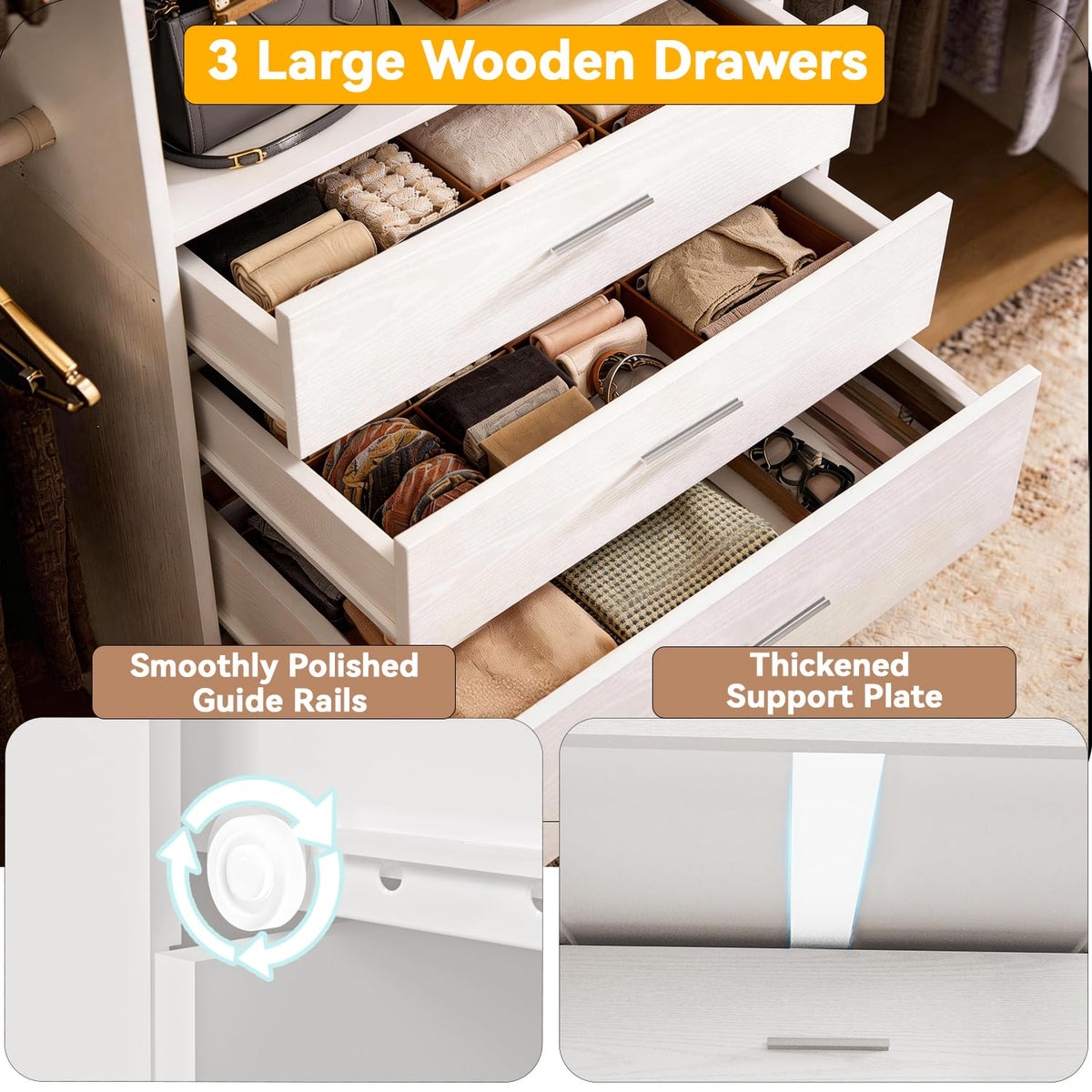 Wooden 11FT Closet Organizer with 3 Drawers and 4 Hanging Rods White O815401