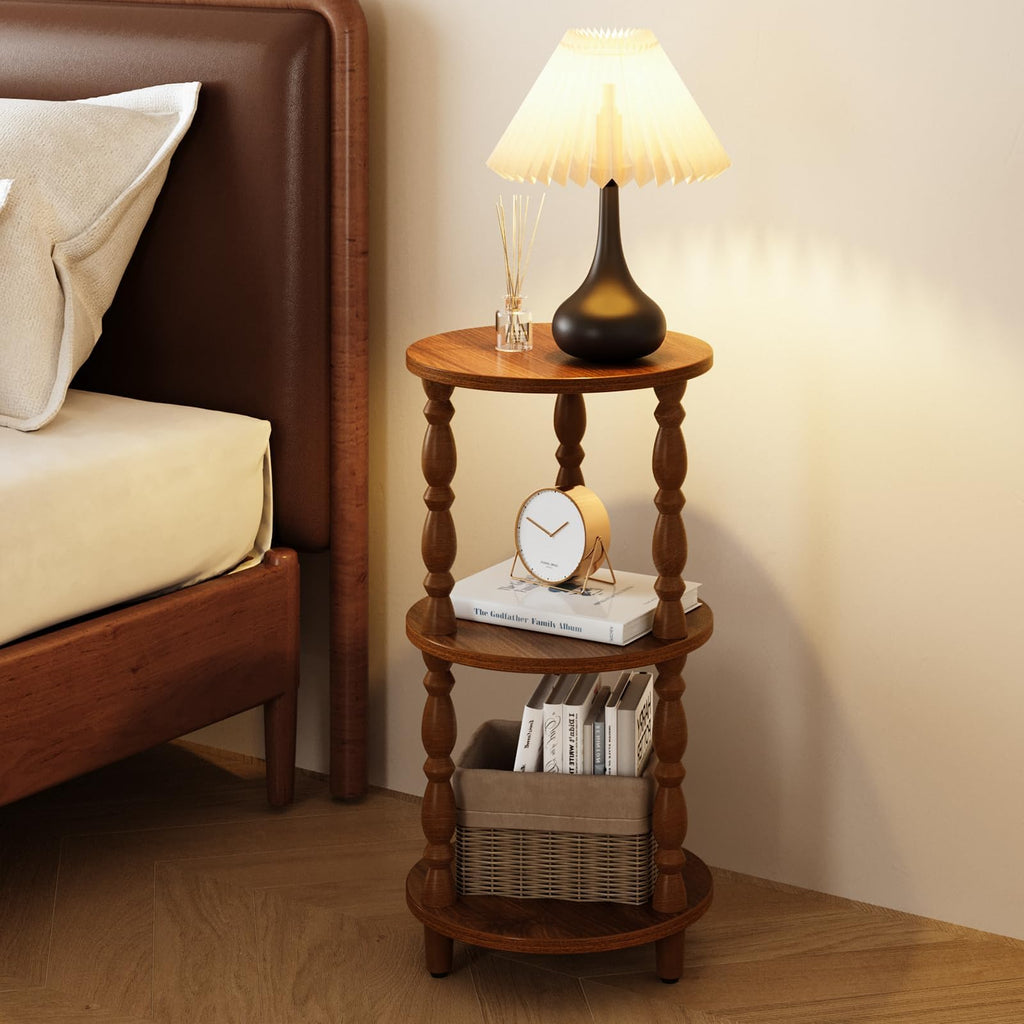 Small Round 3-Tier Wood Side Table with Storage Shelf A68728