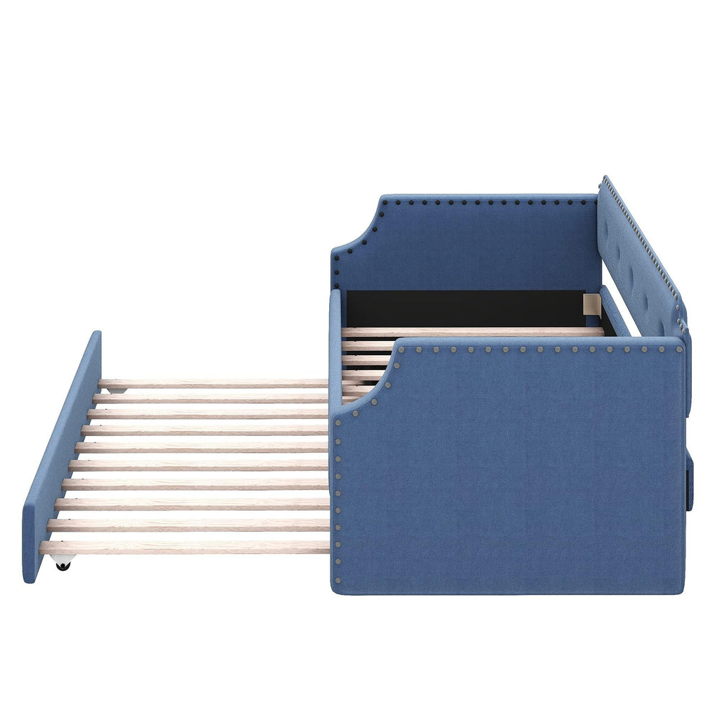 Blue Linen Fabric Upholstered Twin Daybed with Trundle Y721430