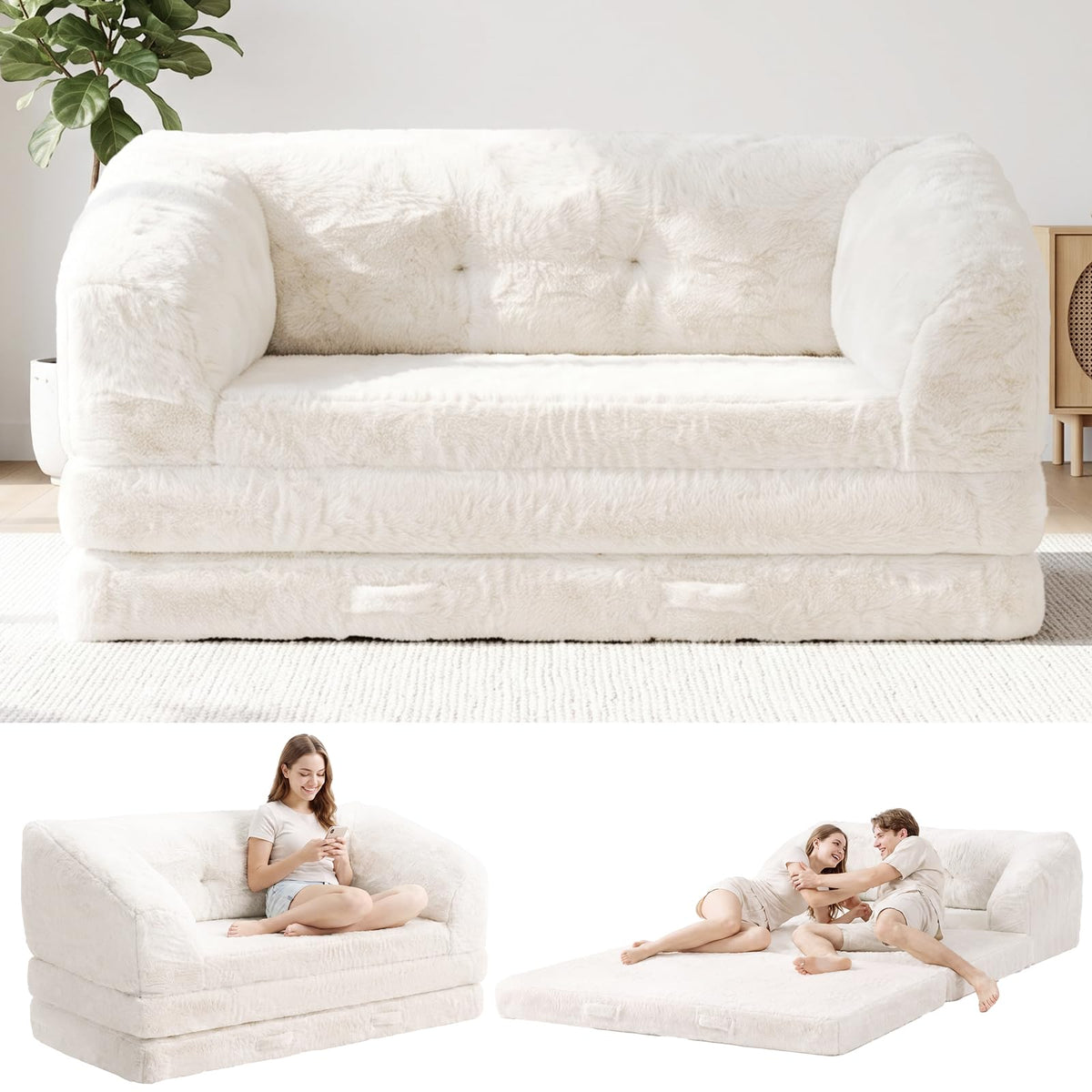 Convertible Folding Sofa Bed, 2 in 1 Portable Floor Couch & Foam Mattress with Handle, Space-Saving Faux Fur Futon Chair for Living Room, Bedroom, Guest Room (Loveseat, Beige) E633632