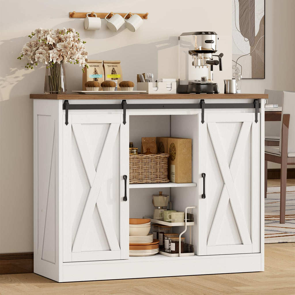 Rustic White Coffee Bar Cabinet with Sliding Barn Doors X8774
