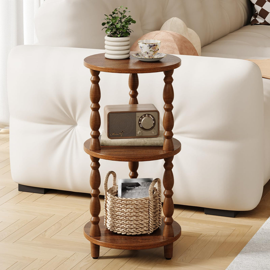 Small Round 3-Tier Wood Side Table with Storage Shelf A68728