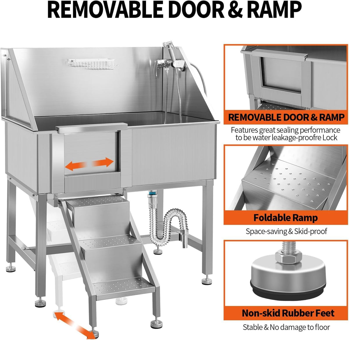 38 Inch Stainless Steel Dog Grooming Tub with Ramp U564987