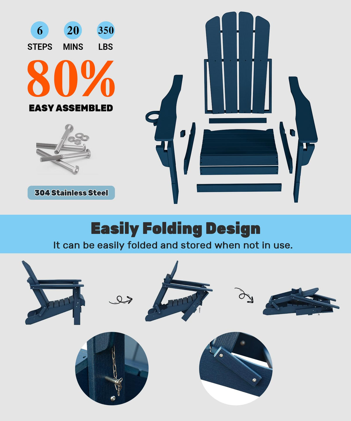 Folding Adirondack Chairs Set of 2 HDPE with Cup Holder Dark Blue X14523