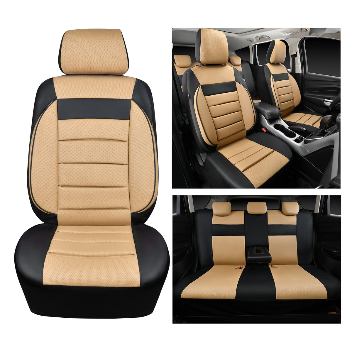 Leather Seat Covers Full Set Universal Water Resistant Beige Black C701876