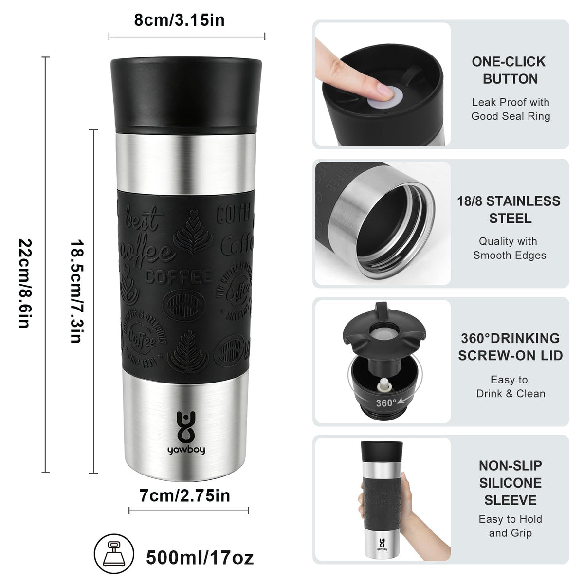 16 oz Stainless Steel Insulated Leak Proof Travel Coffee Mug M7657