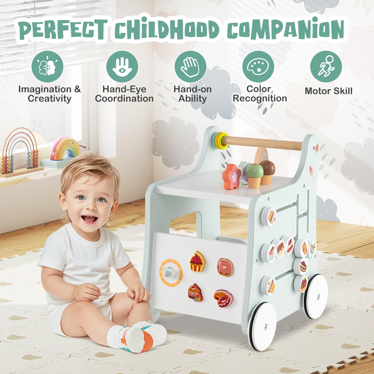 Wooden Baby Walker with Storage and Wheels R759786