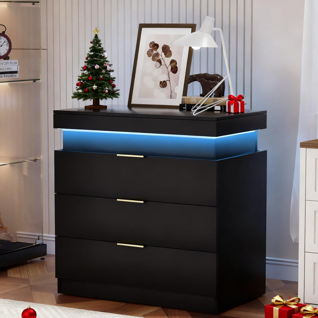 Black Nightstand with Charging Station and LED Lights L305383