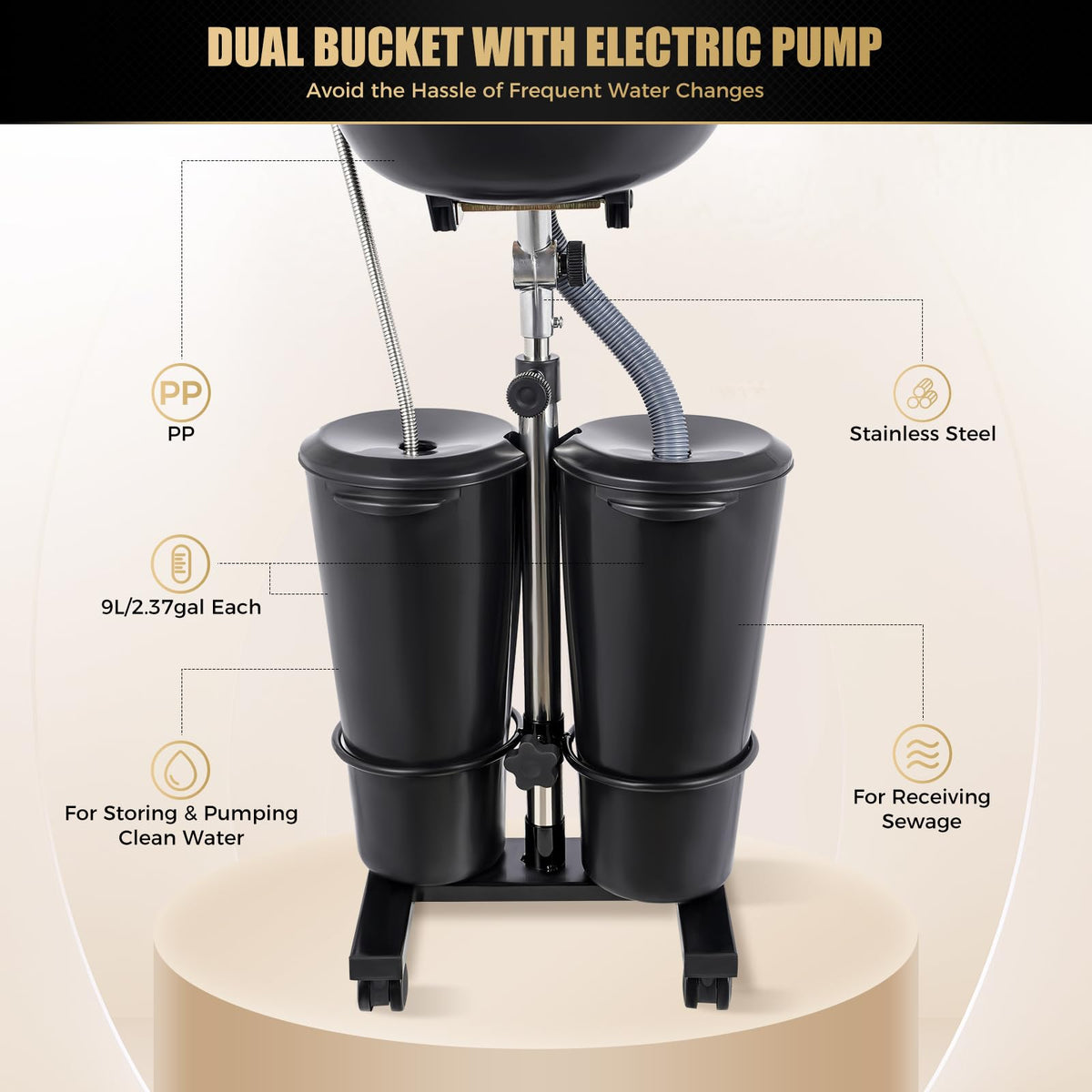 Portable Height and Angle Adjustable Shampoo Basin with 2 Water Buckets and 4 Wheels X8594