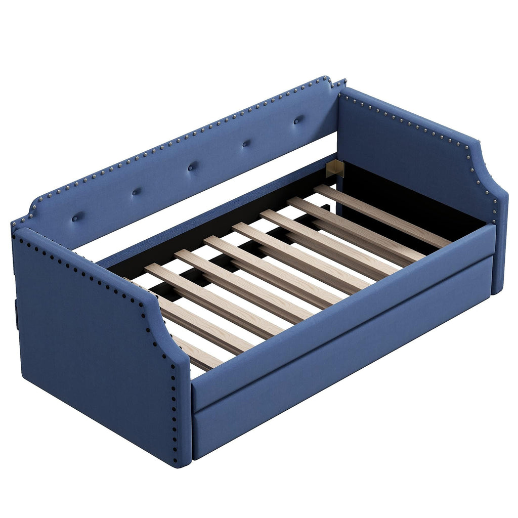 Blue Linen Fabric Upholstered Twin Daybed with Trundle Y721430