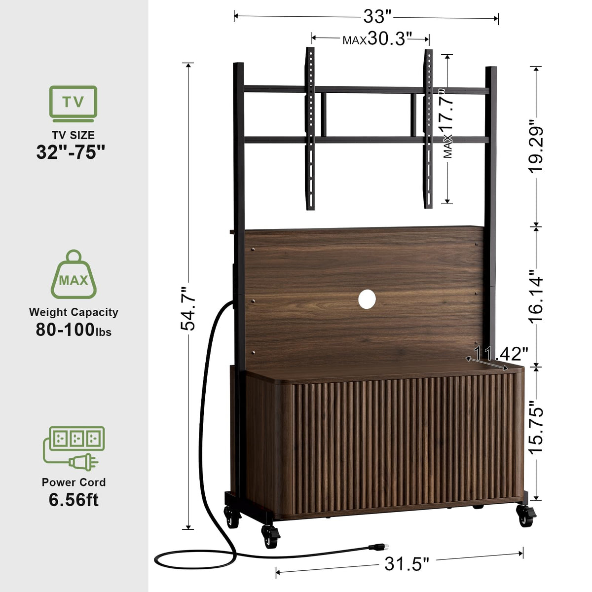 Rolling TV Stand with Mount for 32-75 Inch, Walnut Q892
