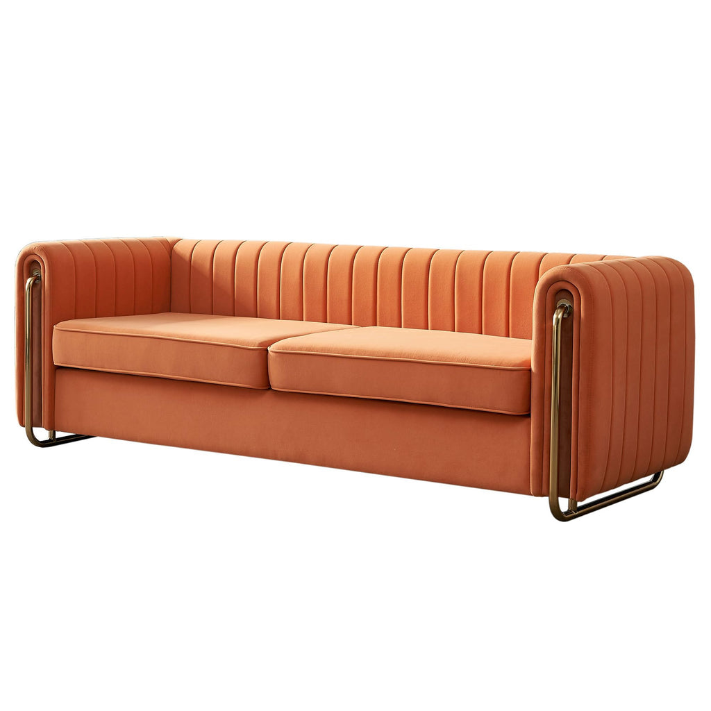 Velvet Sofa Couch, 3-Seater with Channel-Tufted Seats and Gold Steel Legs, Orange L272