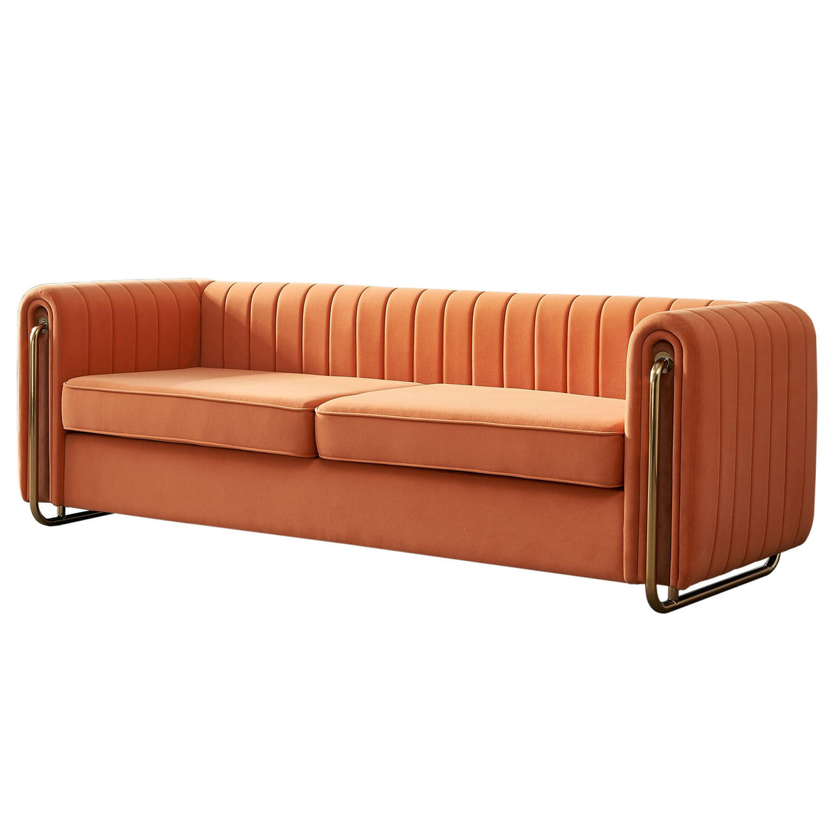 Velvet Sofa Couch, 3-Seater with Channel-Tufted Seats and Gold Steel Legs, Orange L272