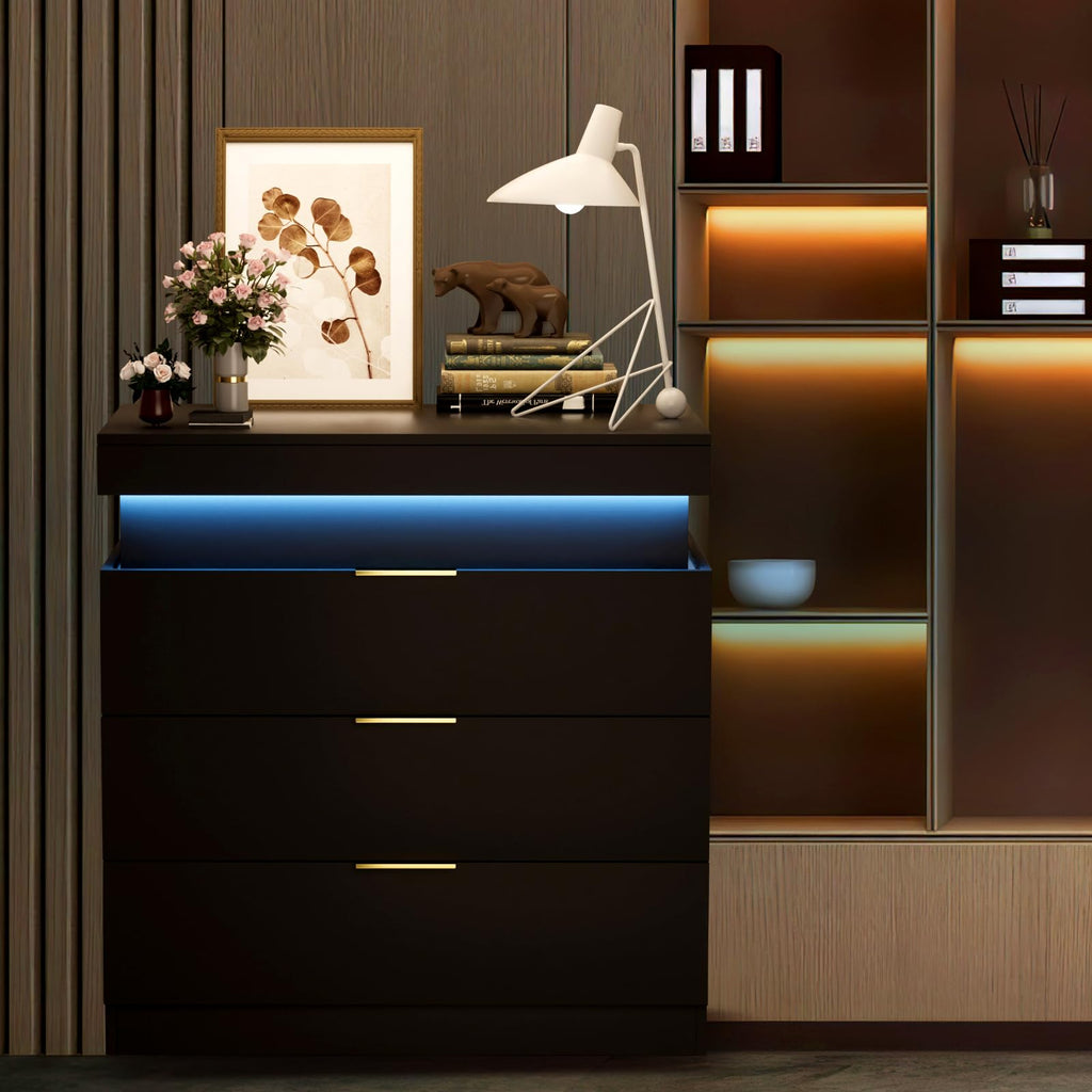 Black Nightstand with Charging Station and LED Lights L305383