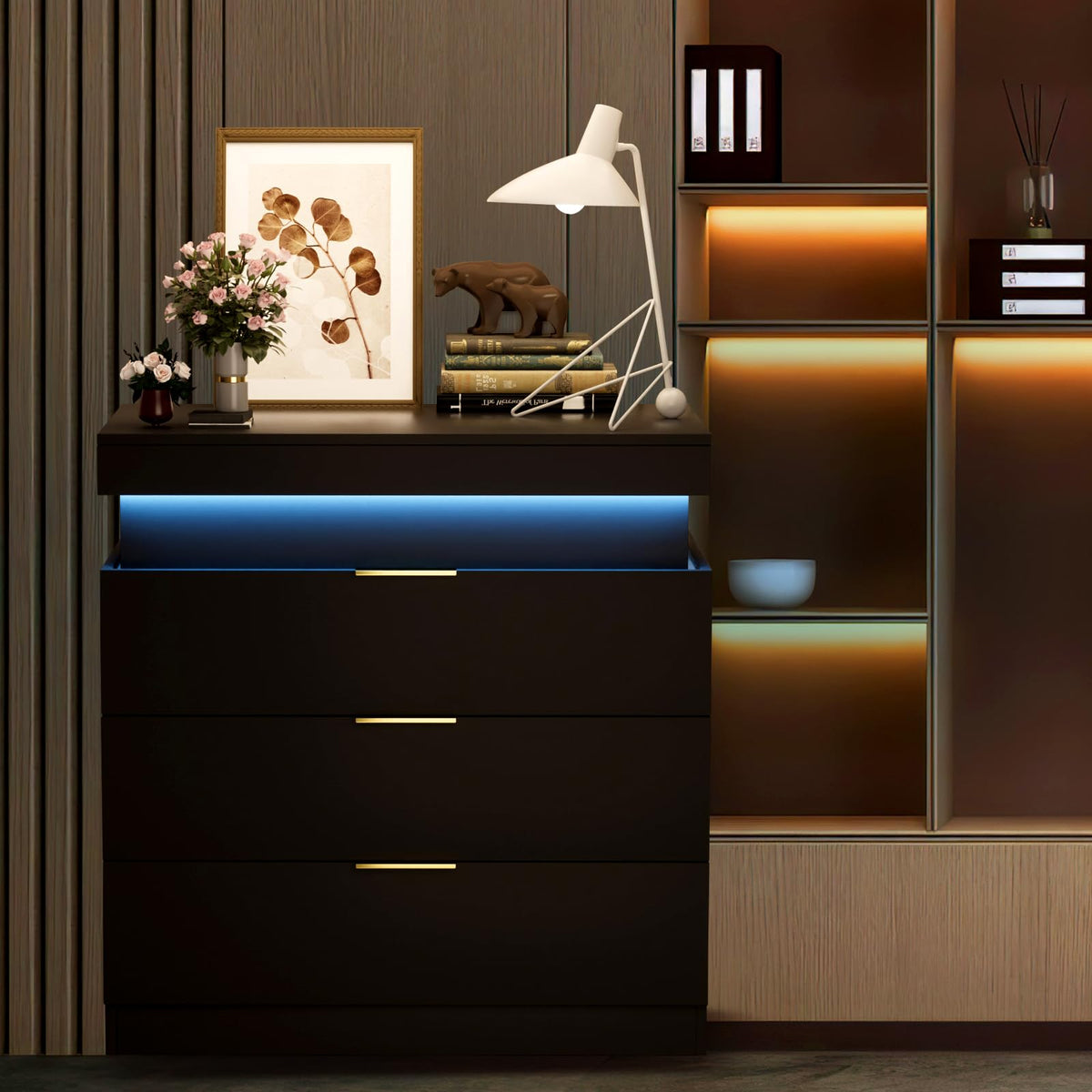 Black Nightstand with Charging Station and LED Lights L305383