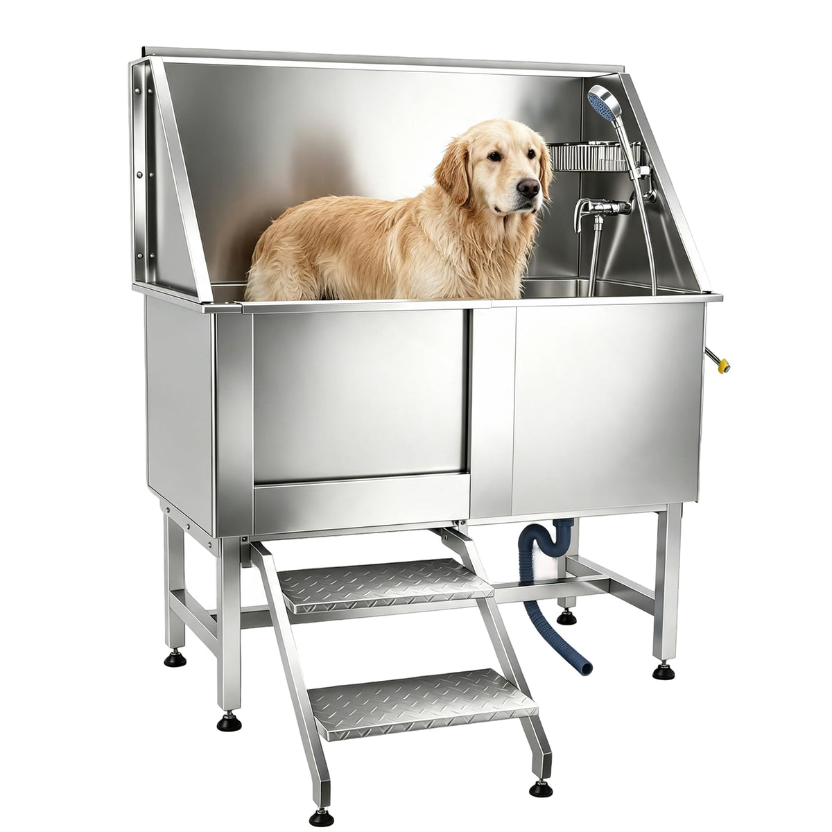 304 Stainless Steel Dog Washing Station with Stairs and 2 Drawers J74664