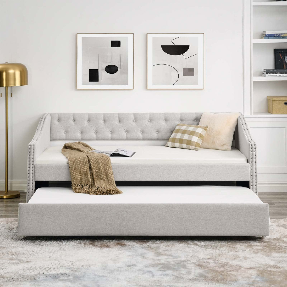 Velvet Upholstered Twin Size Daybed with Trundle I99573