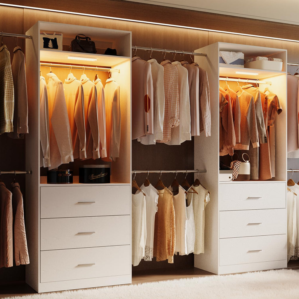 Wooden 11FT Closet Organizer with 3 Drawers and 4 Hanging Rods White O815401