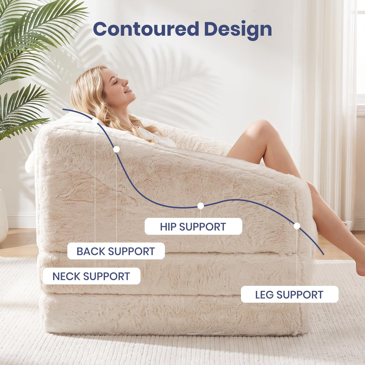 Convertible Folding Sofa Bed, 2 in 1 Portable Floor Couch & Foam Mattress with Handle, Space-Saving Faux Fur Futon Chair for Living Room, Bedroom, Guest Room (Loveseat, Beige) E633632