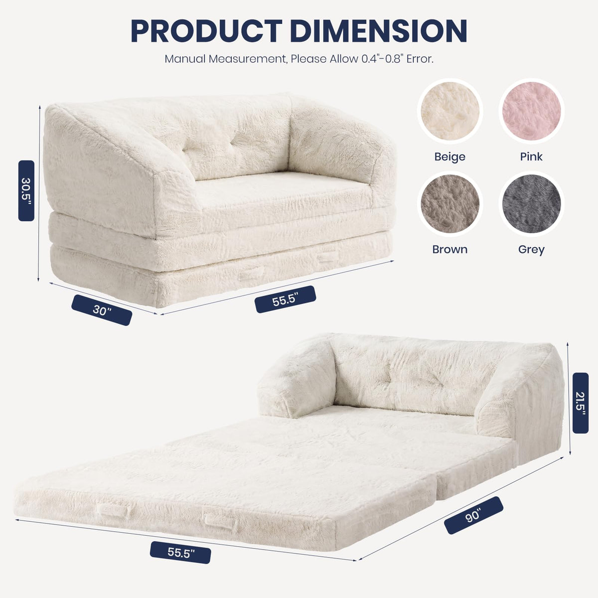 Convertible Folding Sofa Bed, 2 in 1 Portable Floor Couch & Foam Mattress with Handle, Space-Saving Faux Fur Futon Chair for Living Room, Bedroom, Guest Room (Loveseat, Beige) E633632