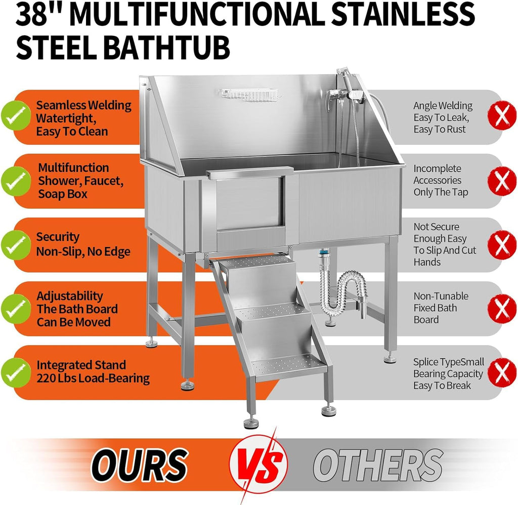 38 Inch Stainless Steel Dog Grooming Tub with Ramp U564987