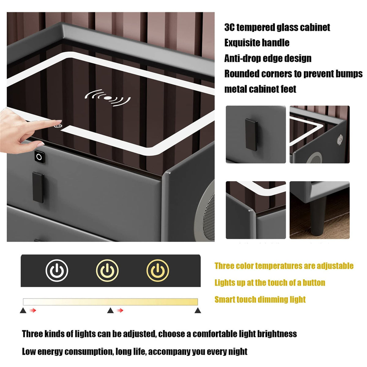 White Nightstand with Charging Station and Bluetooth Speaker M81665