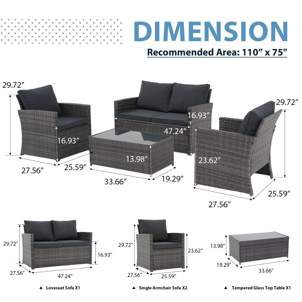 4 Piece Dark Gray Wicker Patio Furniture Set H82901