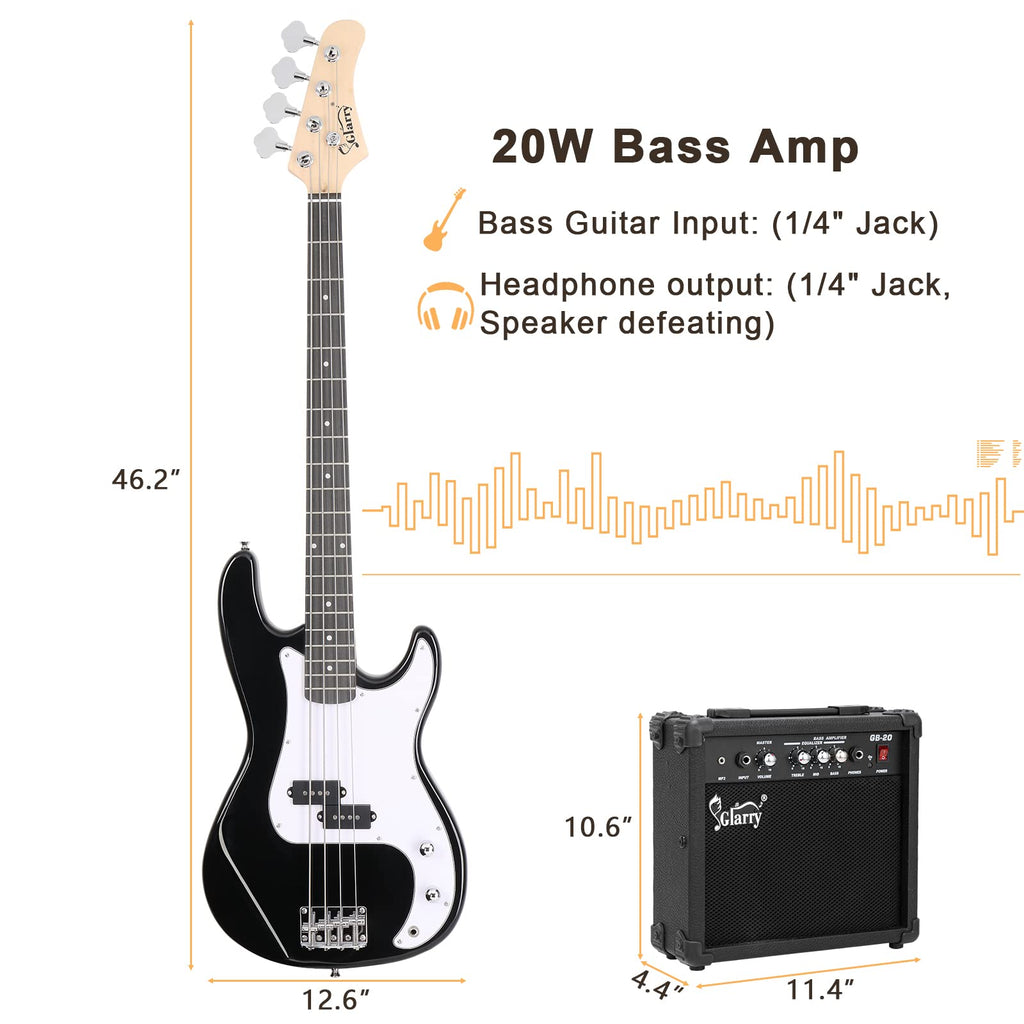 Full Size 4 String Basswood Electric Bass Guitar Beginner Kit with 20W Amp P792684
