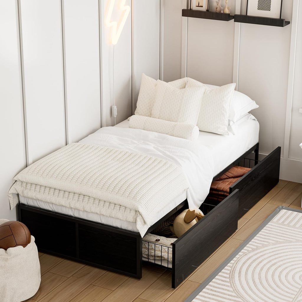 Twin Metal Platform Bed Frame with 2 XL Storage Drawers S8110