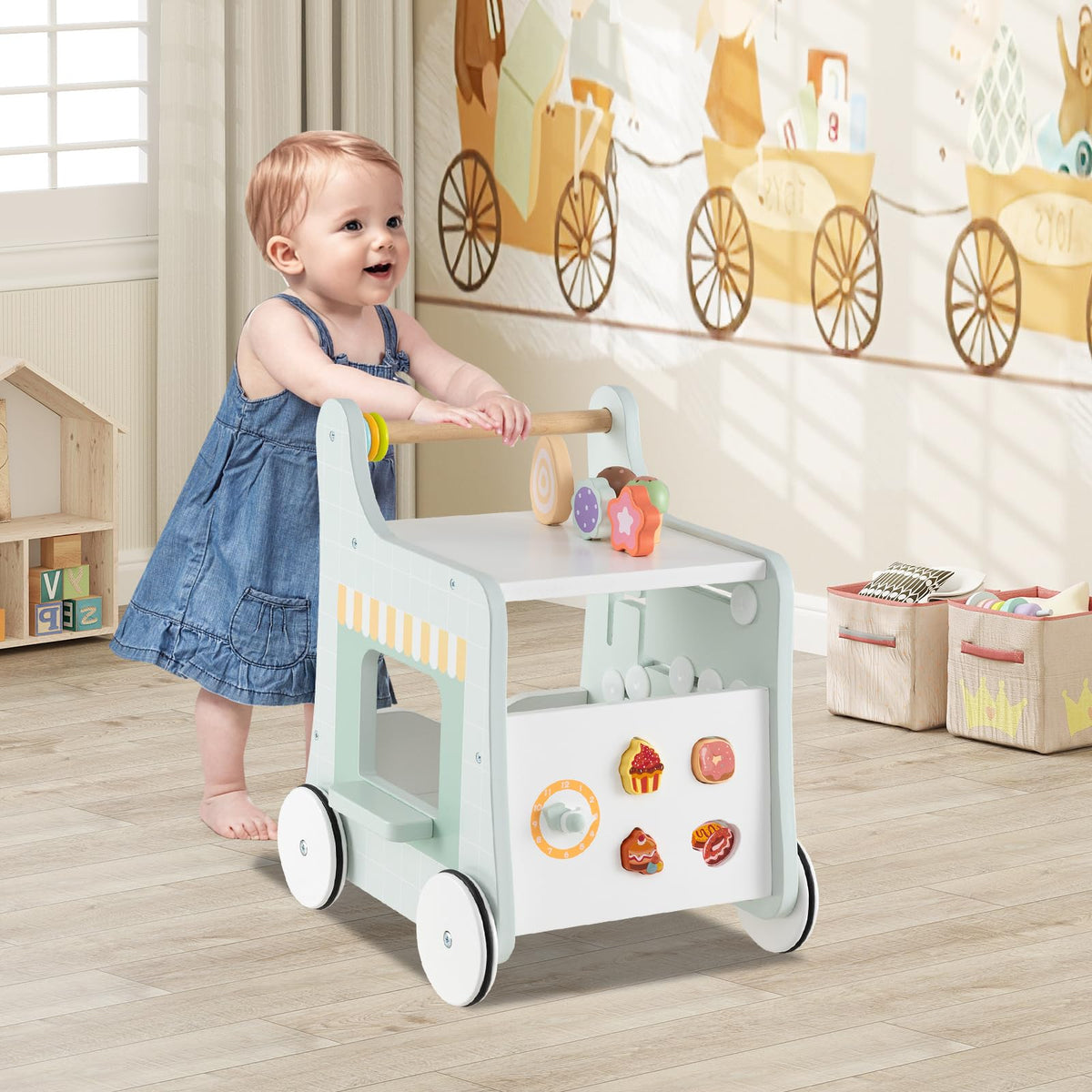 Wooden Baby Walker with Storage and Wheels R759786