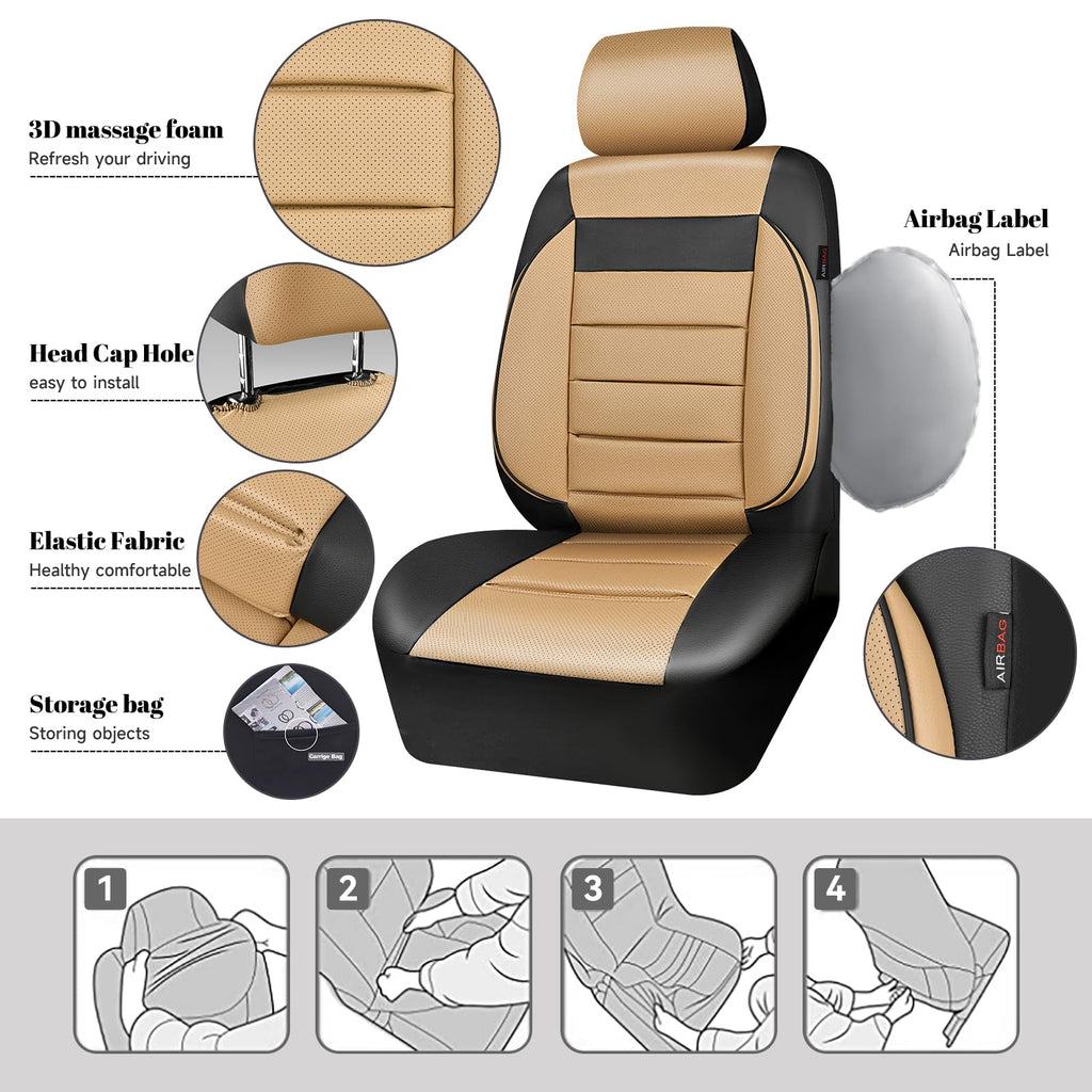 Leather Seat Covers Full Set Universal Water Resistant Beige Black C701876