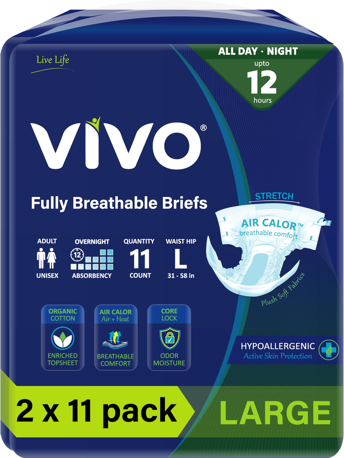 Organic Cotton Adult Incontinence Diaper Briefs with Tabs Large 22 Count B763