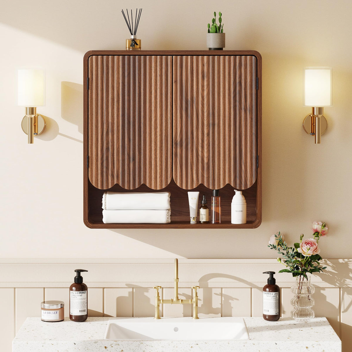 Walnut Fluted Bathroom Wall Cabinet K474
