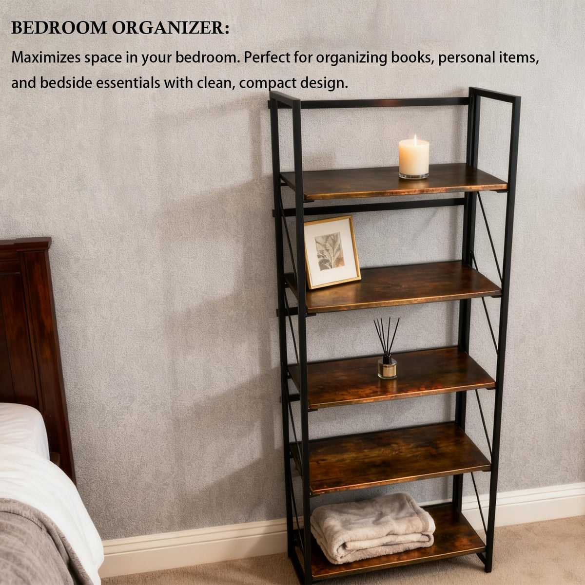 5-Tier Rustic Brown Folding Bookshelf O569